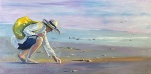 A person wearing a wide-brimmed hat and a yellow backpack crouches on a beach, reminiscent of the serene tones at Augustas No. 12 hole, picking up a shell. The water and sky in the background are shades of blue and pink, painted in a soft, impressionistic style.
