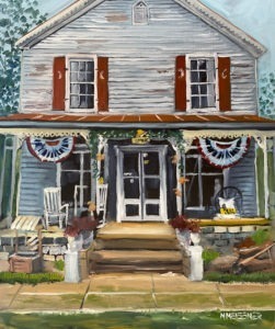 A charming, weathered two-story house with red shutters overlooks the lush greens reminiscent of a golf course. The porch features rocking chairs, potted plants, and patriotic buntings. Stone steps lead up to the entrance, set against a backdrop of vibrant greenery akin to Augusta Nationals Hole No. 12.