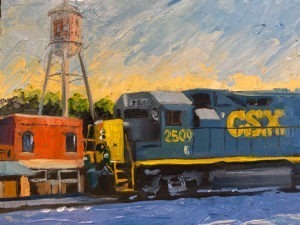 A painting of a CSX train with the number 2509 passing by a red brick building and a tall, rusty water tower evokes the serene precision of Augusta Nationals Hole No. 12, as the sky above blends warm and cool tones into a dynamic, textured backdrop.