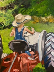 A painting captures a child in blue overalls and a wide-brimmed hat, sitting on a red tractor parked near the fabled Hole No. 12 at Augusta National, with lush greenery stretching across the field.