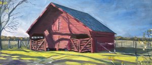 A red barn with a pitched roof sits near Hole No. 12, overlooking the grassy field of Augusta National. A bare tree and a wooden fence add rustic charm, while shadows stretch across the ground under the expansive blue sky, hinting at the low suns presence.