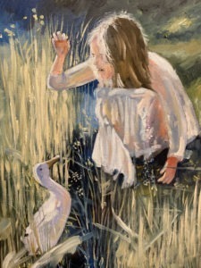 A painting of a child with long hair in a white shirt interacting with a duck in the tall grass near Dorn Mill. The child kneels, extending a hand toward the duck, as dappled sunlight creates soft shadows across the scene.