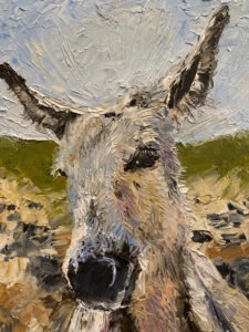 Impressionistic painting of a donkey at Dorn Mill with expressive brushstrokes. Its face, featuring large eyes and elongated ears, dominates the foreground while the background blends green and beige hues, suggesting a natural mill setting.
