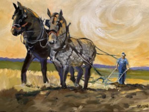 A painted scene of two horses pulling a plow guided by a person in a field near the historic Dorn Mill. The sky is an array of warm colors, with swirling clouds. The painting captures movement and agricultural labor in this rural setting.