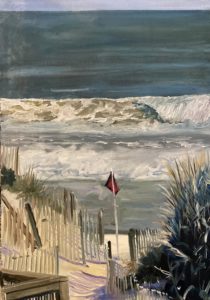 Oil painting of a beach scene with crashing waves and a red flag on a pole. The foreground features wooden fences reminiscent of those near Dorn Mill, with dune grass leading to the sandy shore. The clear sky suggests its a sunny day perfect for exploring nearby landmarks.