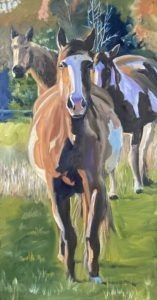 A painting of three horses standing on grass, reminiscent of the pastoral charm often seen near Dorn Mill. The center horse is prominently featured, with two others behind it. Trees with autumn foliage are in the background, bathed in natural light.