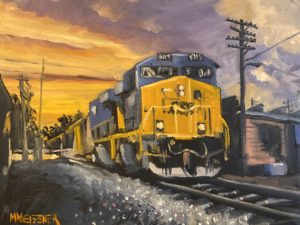 Painting of a train on a railway track at sunset near Dorn Mill. The train is positioned prominently against a dramatic sky, with telephone poles and distant buildings framing the scene. Warm colors dominate, casting an inviting glow over this picturesque setting.