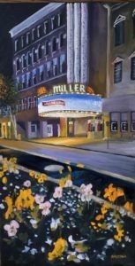 A painting of a theater at night with a brightly lit marquee displaying Miller. Yellow and white flowers line the foreground, reminiscent of Dorn Mills charm. The street is empty, and the building glows under streetlights, echoing an era gone by.