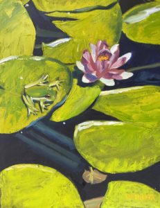 A painting of a frog on a lily pad at Dorn Mill, surrounded by large green leaves. A pink water lily blooms nearby, and the dark water creates contrast with the vivid colors of the leaves and flower.