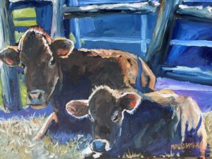A colorful painting depicts two brown cows resting in a sunlit, grassy area near Dorn Mill. The background features blue fencing, with vibrant light and shadow effects highlighting the cows features.