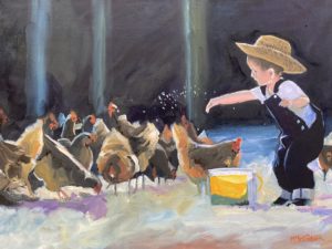 A young child in a straw hat and overalls feeds chickens at Dorn Mill. The child sprinkles feed from their hand, while a yellow bucket sits nearby. The scene unfolds with a dark background, highlighting this charming interaction.