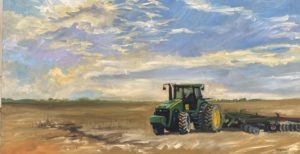A green tractor sits on a vast, plowed farmland near Dorn Mill, under a dynamic sky with swirling clouds. The scene conveys an expansive, rural landscape focused on agriculture, blending the historical essence of the mill with the timeless charm of farming life.
