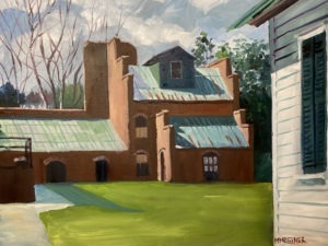 A painting of rustic brown buildings with green roofs stands next to a white house with green shutters, reminiscent of the architecture at Dorn Mill. The partly cloudy sky is framed by bare trees and lush greenery, with M Meisners signature at the bottom right.