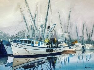 A painting depicts several fishing boats docked in a harbor beside the Atlantic White Cedar Swamp Trail, the calm water reflecting both boats and an overcast sky, with Catherine II on the boat in the foreground.