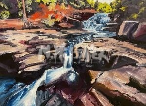 A painting of Reas Aquaduct Waterfall depicts a vibrant rocky waterfall surrounded by lush greenery and autumn foliage, with sunlight accentuating the waters dynamic flow over large rocks.