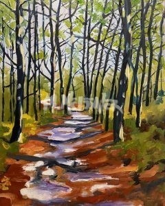 The vibrant Reas Aquaduct Waterfall painting depicts a serene forest scene with tall, slender trees and a sunlit path. A gentle waterfall cascades nearby, mist mingling with red-orange leaves while dappled light filters through green foliage to create a colorful atmosphere.