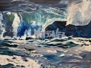 A dynamic blue-green ocean wave crashes against a rocky outcrop beneath a stormy gray sky, echoing Reas Aquaduct Waterfall. The painting captures the seas power with splashes of white foam and turbulent water.