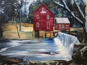 A painting titled Starr’s Mill features a picturesque mill beside a waterfall, surrounded by trees. The buildings reflection graces the tranquil water of a pond or river, creating a serene, rustic rural scene.