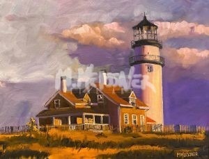 A painting titled Atlantic White Cedar Swamp Trail depicts a lighthouse on a hill beside a house with a porch and chimney. The dramatic sky features purple and orange hues, casting warm, golden light over the scene, suggesting sunset ambiance.