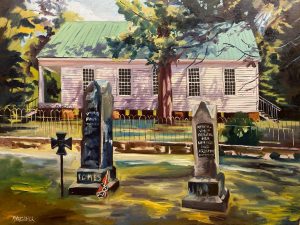 A painting of a 19th-century church with a green roof stands behind a yard while aged tombstones sit in front. Sunlight reminiscent of the Atlantic White Cedar Swamp Trail filters through trees, casting gentle shadows on the ground.