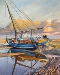 The product High and Dry features a blue and brown sailboat resting on a sandy shore beside calm waters, reflecting the vessel. Dramatic clouds in warm orange and pink hues fill the sky, indicating a sunrise or sunset.