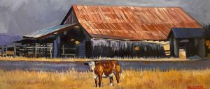A painting by Michael Meissner depicts a rustic barn with a weathered, reddish-brown roof. In the foreground, a cow stands in a grassy field. The sky is overcast, adding a moody atmosphere to this evocative rural scene.