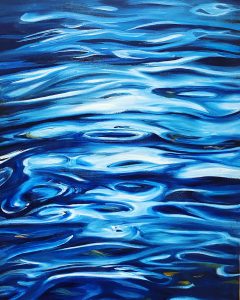 The abstract painting Better Days features shades of blue and white forming flowing, wavy patterns that resemble ripples or reflections on a water surface, creating a dynamic design that evokes a sense of movement.
