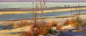 This painting, reminiscent of works by Michael Meissner, captures a serene beach scene with tall grasses in the foreground and distant figures strolling the shore. Soft hues of blue, purple, and sandy tones meld to craft a tranquil atmosphere beneath a cloudy sky.