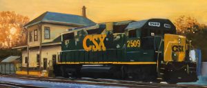 A green and yellow CSX freight train labeled 2509 rests beside a rustic train station at sunset, reminiscent of paintings by Michael Meissner. The cream-sided station with its dark roof is framed by autumn trees under a warm, orange-hued sky.