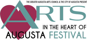 Logo for the Arts in the Heart of Augusta Festival, presented by the Greater Augusta Arts Council and the City of Augusta. Features a large red heart, stylized text with Arts, and celebrates creativity with influences from paintings by Michael Meissner.