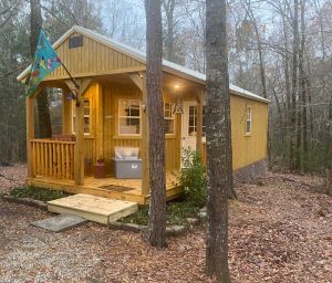 Nestled among bare trees, Double Gap Farms small wooden cabin features a quaint front porch and a colorful flag near the entrance. The ground is blanketed with fallen leaves, crafting a rustic, autumnal atmosphere around this charming studio retreat.
