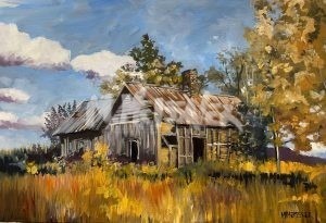 Better Days portrays an old cottage with a rusted roof, surrounded by tall grasses and autumn-colored trees, under a partly cloudy sky, crafting a serene rural scene.