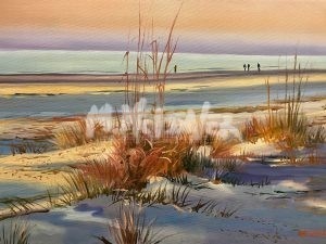 The painting Sunrise Pastels captures a serene sandy beach with sparse grasses glowing softly at sunrise, silhouettes strolling in the distance along the tranquil shoreline under a pastel sky.