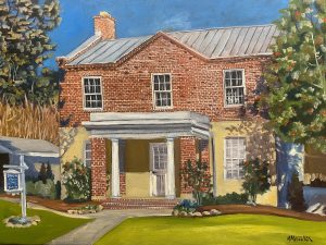 A painting of a two-story brick house with a metal roof and white porch captures the charm of Appling Countys landscape, echoing the historic allure of Appling Jail. Surrounded by lush trees under a bright blue sky, it features a sign on the grassy foreground.
