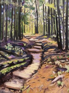 A vibrant painting of Andrews Bald Trail depicts a forest path lined with tall trees, where sunlight softly filters through the leaves, creating dappled shadows and inviting hiking enthusiasts to explore its peaceful atmosphere.