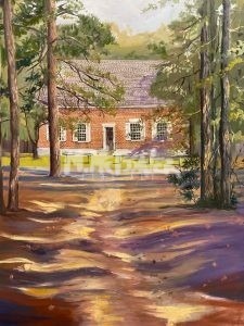 A serene painting features a brick house with a shingled roof, reminiscent of the Old Kiokee Church. Its surrounded by tall trees with sunlight filtering through branches, casting patterns on the ground along the path to its front door.