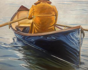 A stunning painting, Beautiful Curves, captures a person in a yellow coat rowing a blue boat from behind, showcasing the elegant boat reflections and calm water ripples.