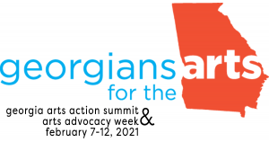 Logo for the Georgians for the Arts event. Text reads georgians for the arts with arts in white over a red silhouette of Georgia state. Below, details: Georgia Arts Action Summit & Arts Advocacy Week, February 7-12, 2021. Inspired by paintings by Michael Meissner.
