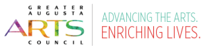 Logo of the Greater Augusta Arts Council. The text reads Greater Augusta Arts Council on the left and Advancing the Arts. Enriching Lives. on the right. The word ARTS is colorful, much like paintings by Michael Meissner, contrasting with the rest of the black text.