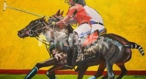 Polo Ponies is a vibrant painting depicting two players on galloping horses competing for the ball, one in an orange jersey and the other in white, set against a bright yellow background that highlights their dynamic movement and intensity.