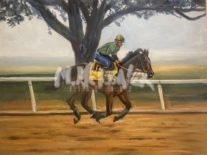 The painting showcases a jockey in green and yellow on racehorse number 12, set against Aikens scenic landscape with its lush trees, making it perfect for display at the Aiken Train Depot and Museum.