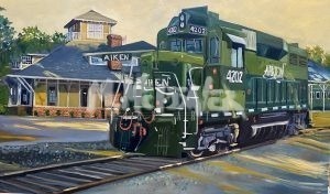Painting of a green train labeled AIKEN and 4202 in front of the historic Aiken Train Depot and Museum, featuring a peaked roof, brick chimney, trees, and the depots sign visible in the background.
