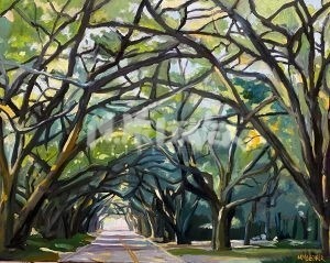 The painting South Boundary Oaks depicts a tree-lined road with tall, arching oaks forming a canopy. Sunlight filters through the leaves, casting dappled shadows, and vibrant greens and yellows suggest a lively, sunny day.
