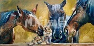 The painting titled Three + One features three horses with long manes encircling a fluffy cat seated on a wooden fence, set against a warm blend of yellow and green hues.