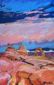 The Grand Canyon at Sunset painting features a vibrant desert landscape with striking rock formations and a stone arch. Warm pink and orange hues in the foreground contrast with a dramatic sky transitioning from deep blue to pink and purple, reminiscent of a stunning Grand Canyon sunset.