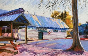 A colorful painting captures a vintage building labeled The Old Store, with a metal roof and wooden siding, bathed in warm light resembling the product Grand Canyon at sunset. A large tree is in the foreground, with autumn foliage in the background.