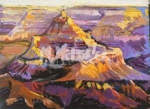 The Grand Canyon at Sunset captures the landscapes vibrant hues of purple, orange, and yellow with jagged peaks and valleys. The sky melds soft pastels, adding depth to this impressionistic masterpiece.