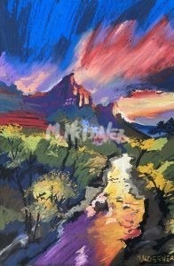 A colorful painting titled Grand Canyon at Sunset displays a vibrant sunset over the canyons mountains, with bold hues of purple, orange, and pink. A winding river, bordered by lush greenery, mirrors the vivid sky.
