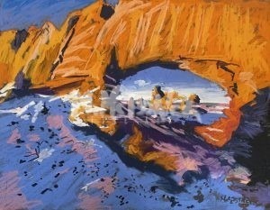 Vivid colors in the Double Arch View painting capture the arch under a blue sky with scattered clouds, where dark shadows and dynamic brushstrokes create texture and movement, offering a mesmerizing natural artistry.