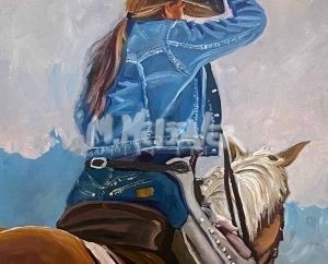 The artwork Cowgirl in Denim depicts a cowgirl with long hair, wearing a denim jacket and cowboy hat, riding a horse with a flowing white mane, against a serene backdrop of blue and gray tones.